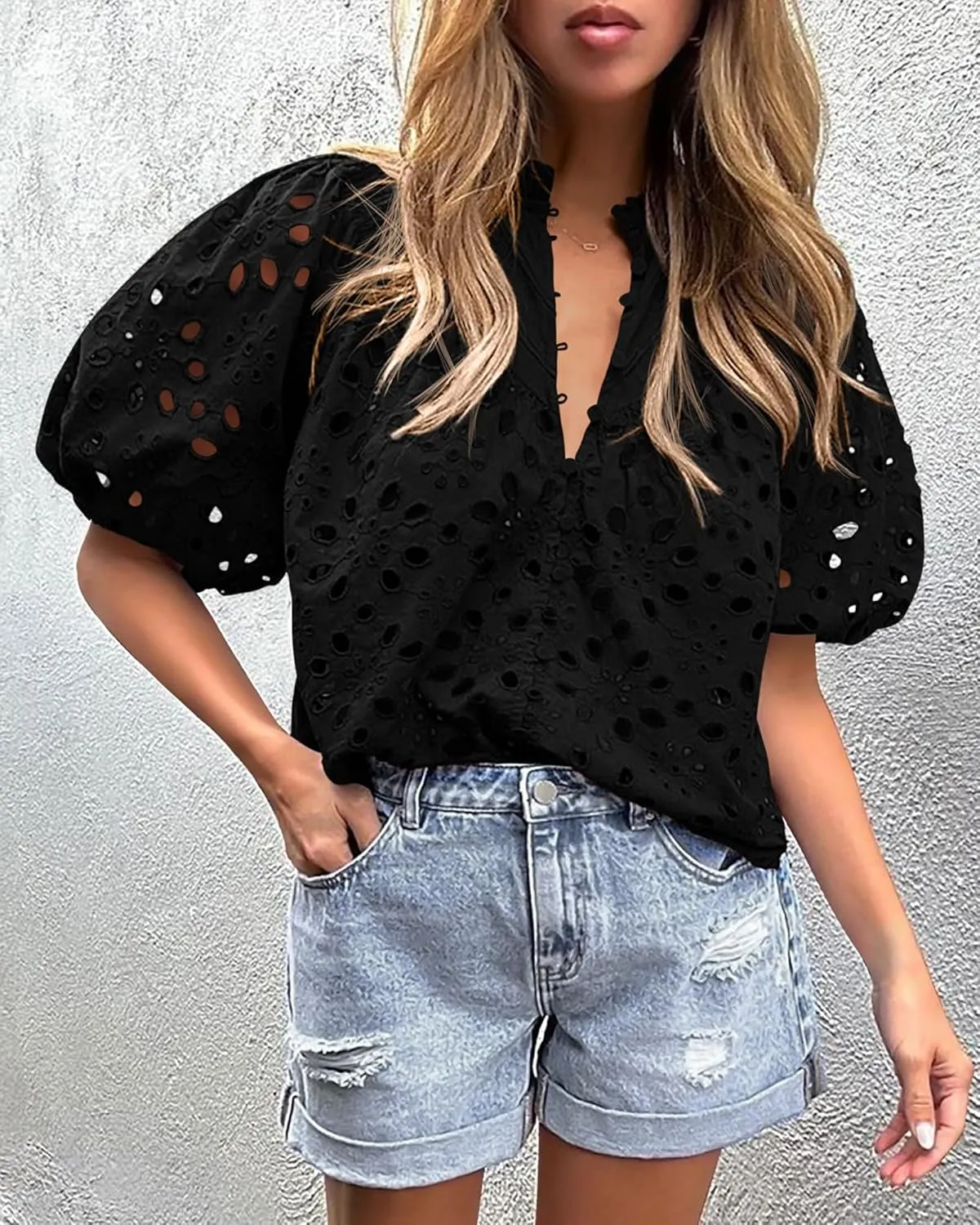 PRETTYGARDEN Women's Summer Short Sleeve Tops 2025 Dressy Casual Buttons V Neck Hollow Out Lace Embroidered Blouses Shirts