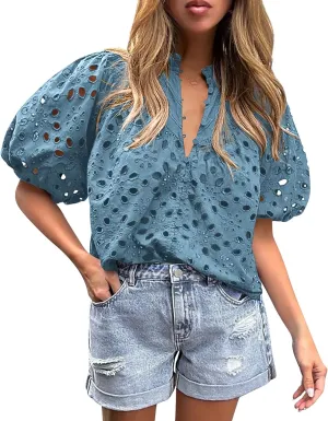 PRETTYGARDEN Women's Summer Short Sleeve Tops 2025 Dressy Casual Buttons V Neck Hollow Out Lace Embroidered Blouses Shirts