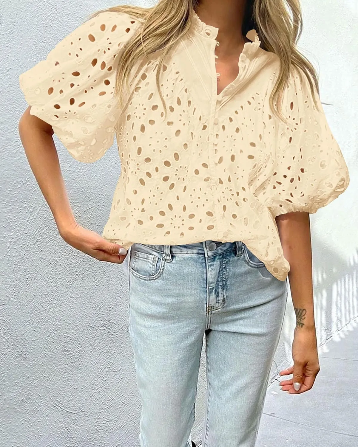 PRETTYGARDEN Women's Summer Short Sleeve Tops 2025 Dressy Casual Buttons V Neck Hollow Out Lace Embroidered Blouses Shirts