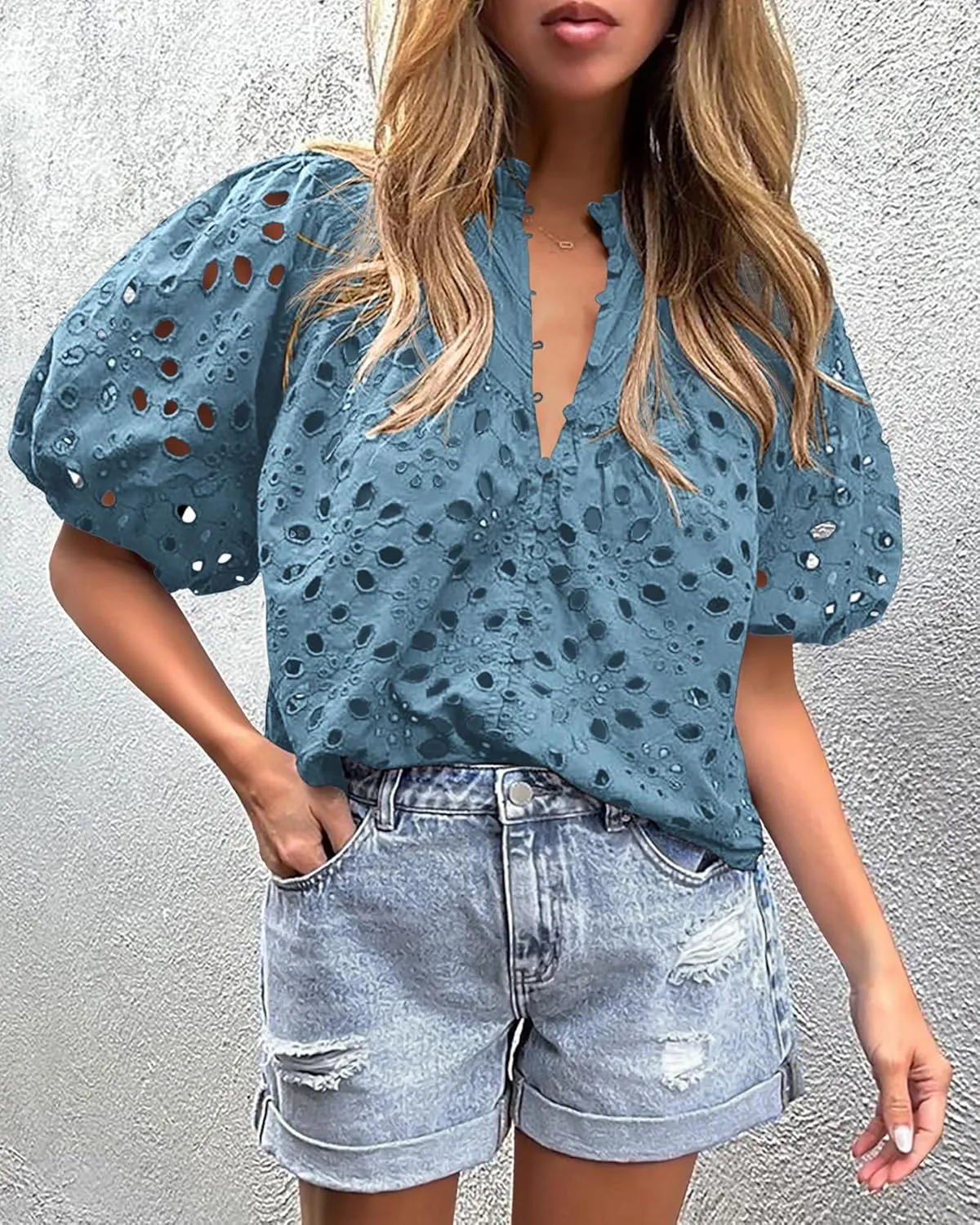 PRETTYGARDEN Women's Summer Short Sleeve Tops 2025 Dressy Casual Buttons V Neck Hollow Out Lace Embroidered Blouses Shirts