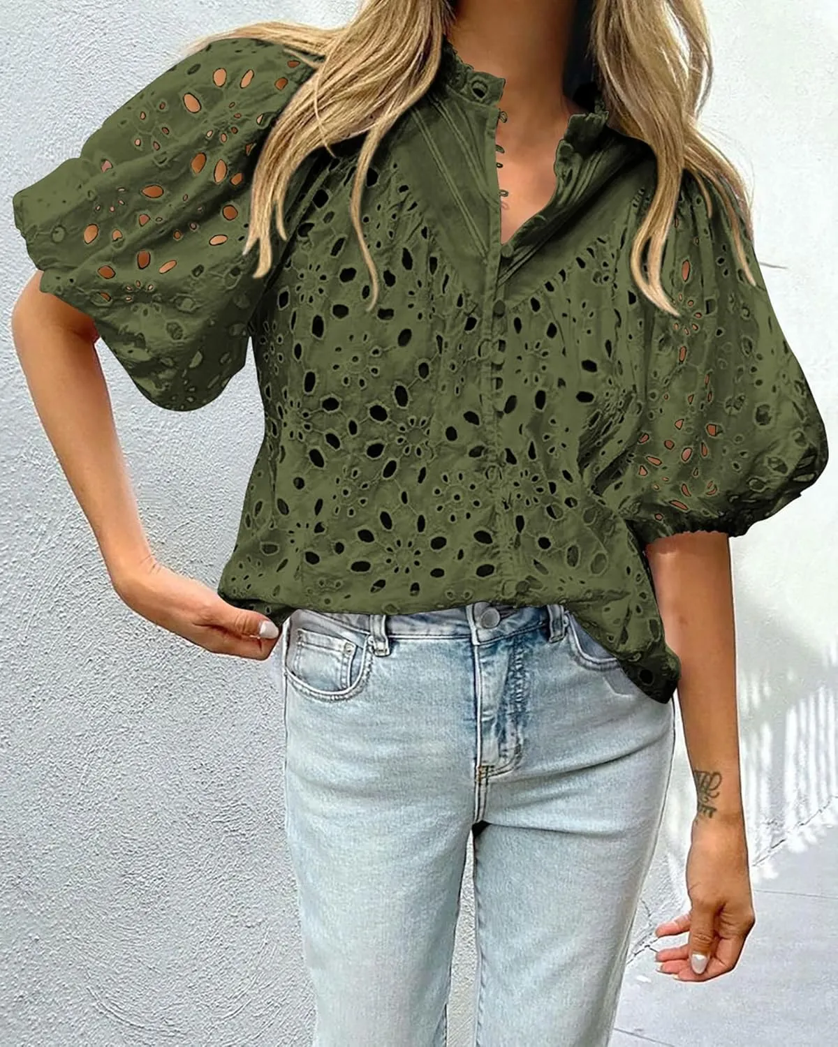 PRETTYGARDEN Women's Summer Short Sleeve Tops 2025 Dressy Casual Buttons V Neck Hollow Out Lace Embroidered Blouses Shirts