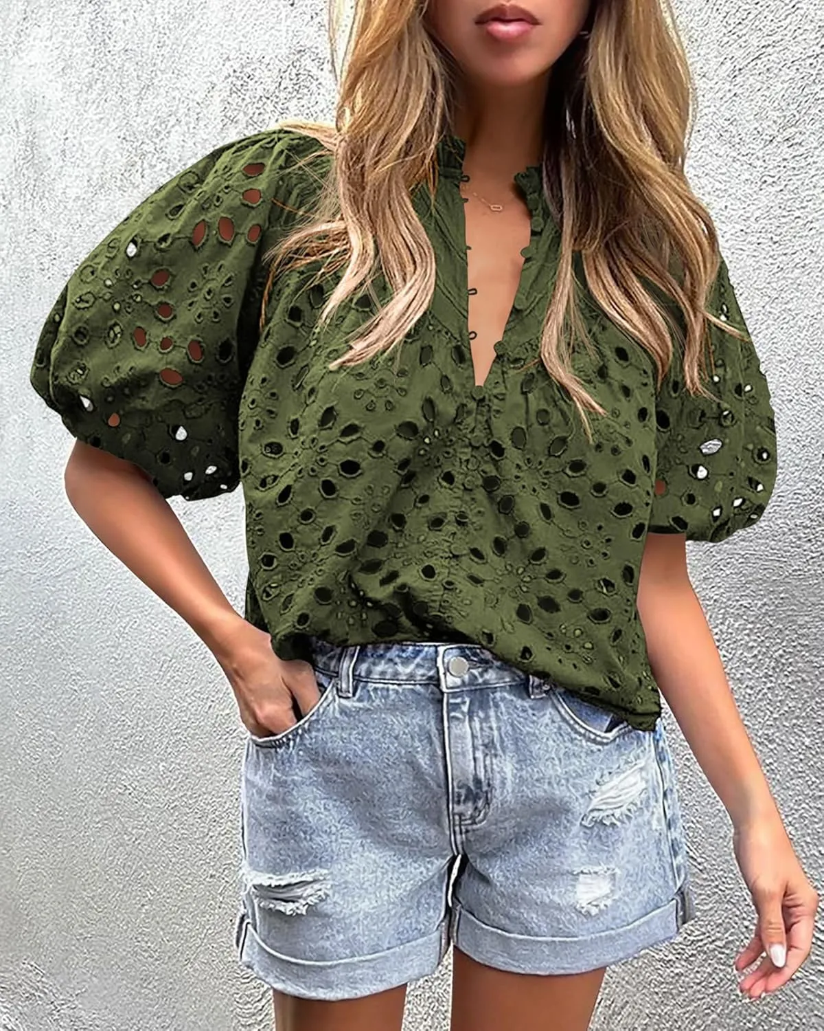 PRETTYGARDEN Women's Summer Short Sleeve Tops 2025 Dressy Casual Buttons V Neck Hollow Out Lace Embroidered Blouses Shirts