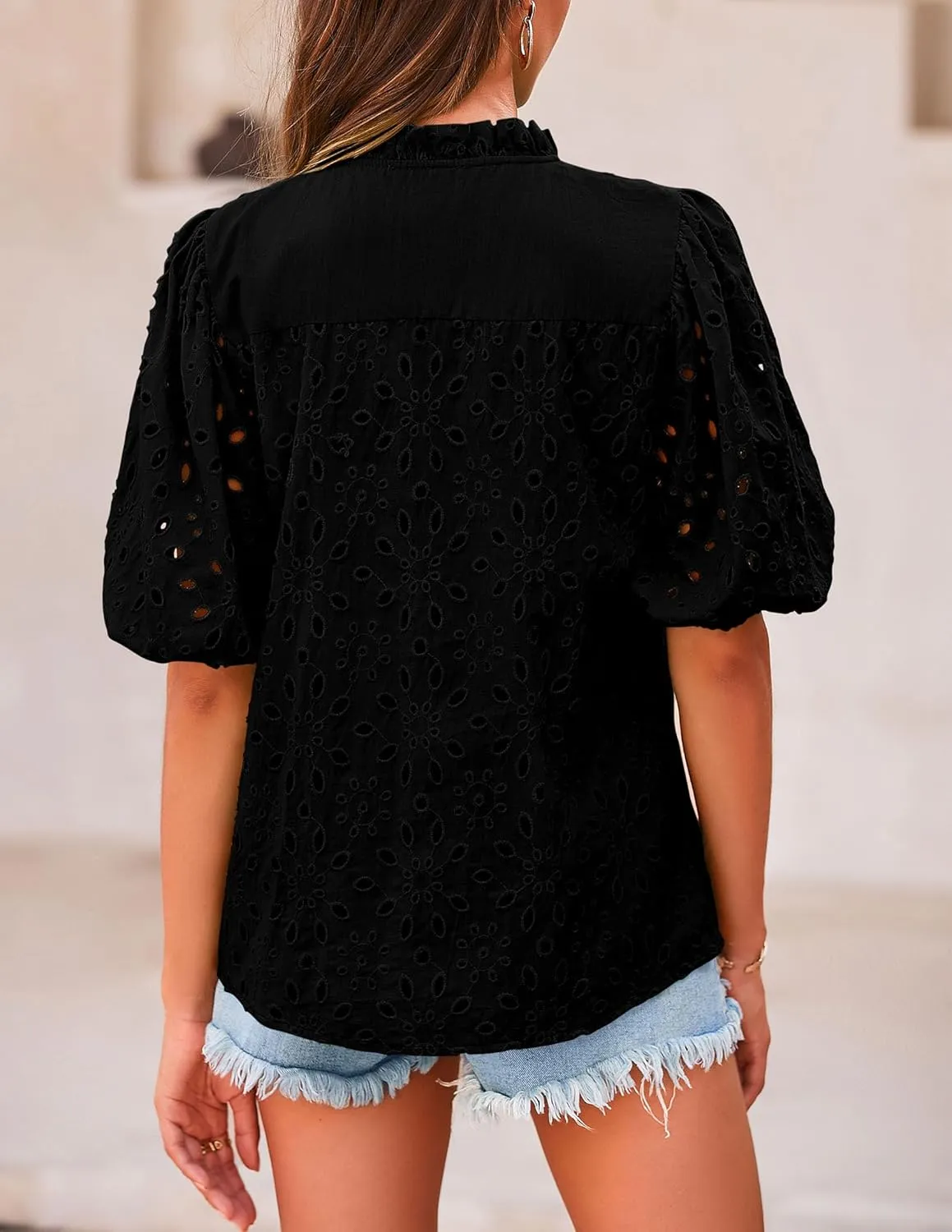 PRETTYGARDEN Women's Summer Short Sleeve Tops 2025 Dressy Casual Buttons V Neck Hollow Out Lace Embroidered Blouses Shirts