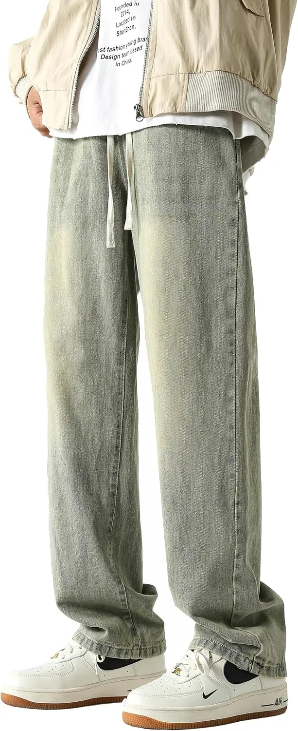 PRIJOUHE Mens Wide Leg Jeans Elastic Waist Baggy Jeans Casual Drawstring Denim Pants Trousers