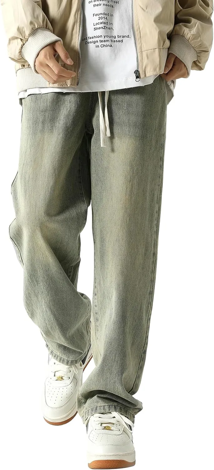 PRIJOUHE Mens Wide Leg Jeans Elastic Waist Baggy Jeans Casual Drawstring Denim Pants Trousers