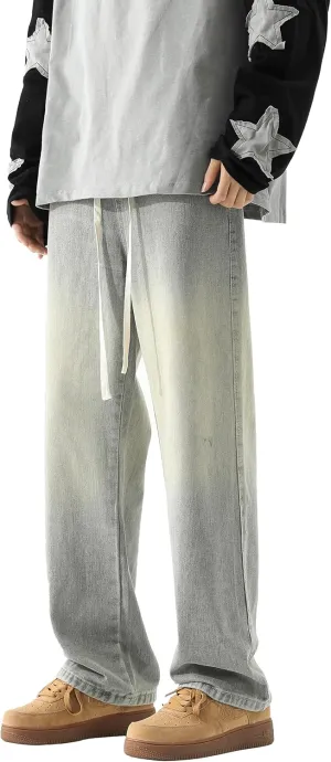 PRIJOUHE Mens Wide Leg Jeans Elastic Waist Baggy Jeans Casual Drawstring Denim Pants Trousers