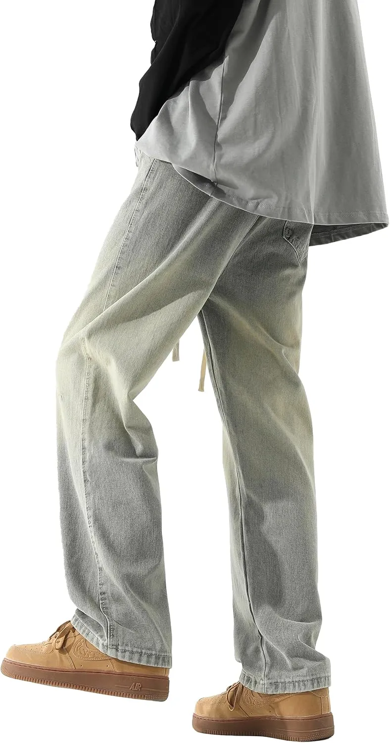 PRIJOUHE Mens Wide Leg Jeans Elastic Waist Baggy Jeans Casual Drawstring Denim Pants Trousers