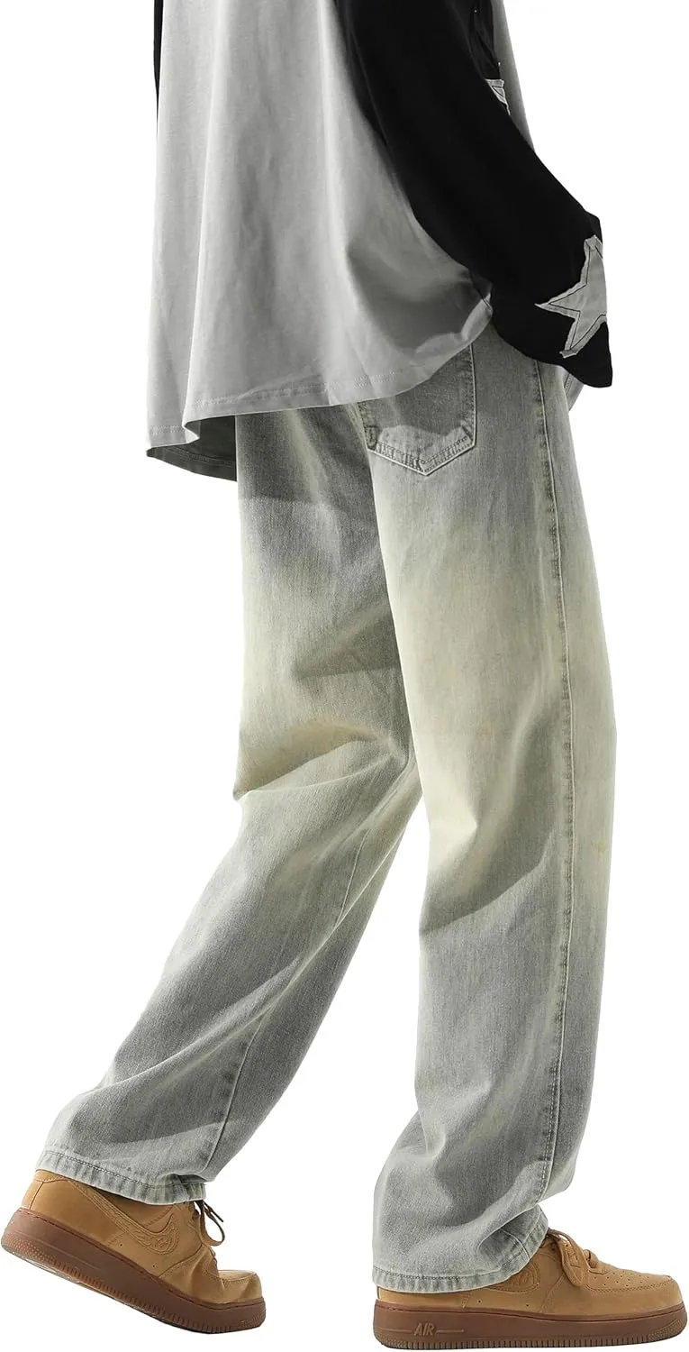 PRIJOUHE Mens Wide Leg Jeans Elastic Waist Baggy Jeans Casual Drawstring Denim Pants Trousers