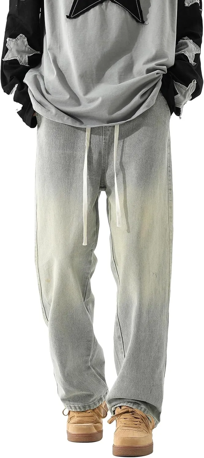 PRIJOUHE Mens Wide Leg Jeans Elastic Waist Baggy Jeans Casual Drawstring Denim Pants Trousers