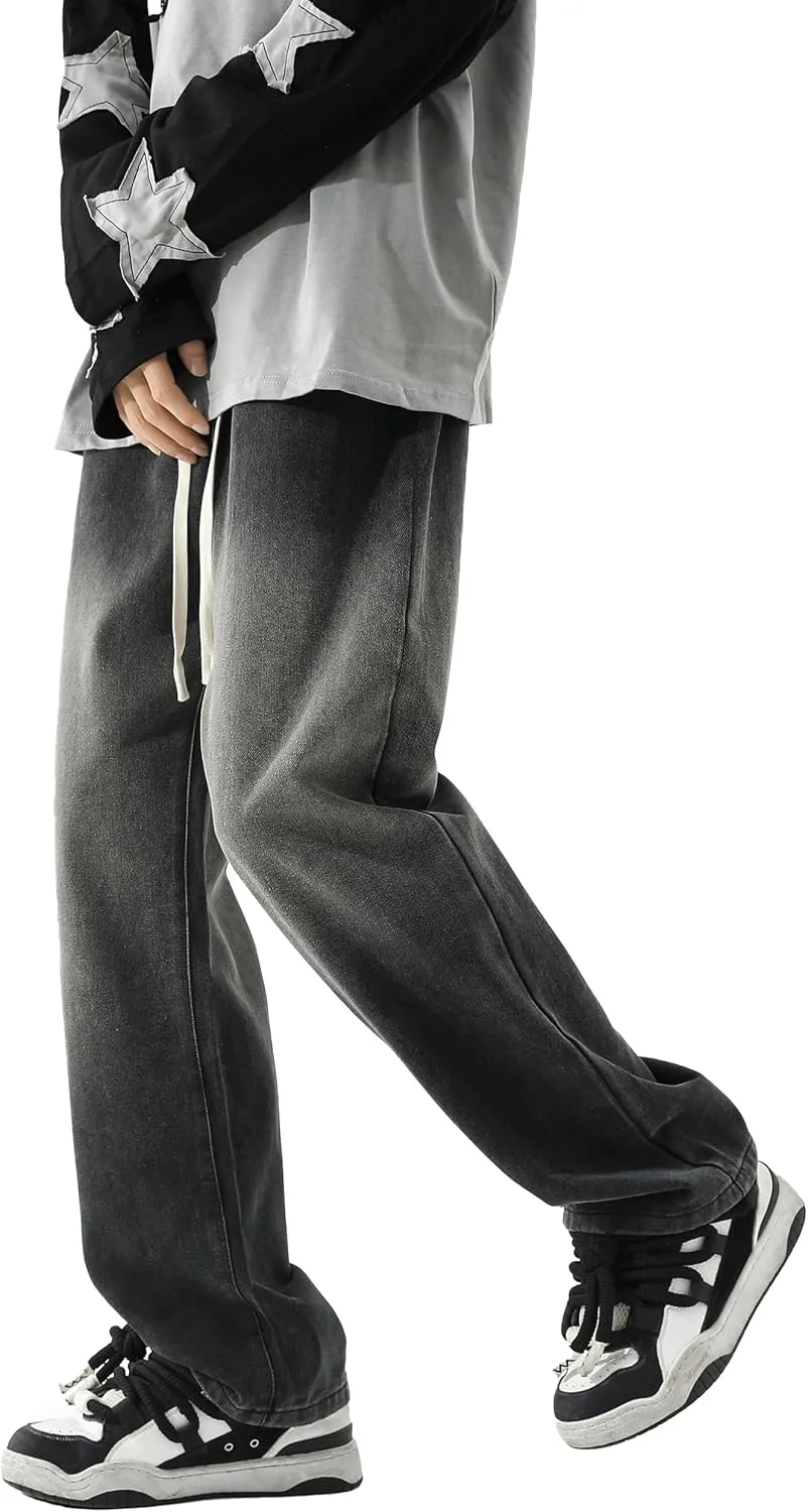 PRIJOUHE Mens Wide Leg Jeans Elastic Waist Baggy Jeans Casual Drawstring Denim Pants Trousers