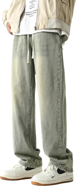 PRIJOUHE Mens Wide Leg Jeans Elastic Waist Baggy Jeans Casual Drawstring Denim Pants Trousers