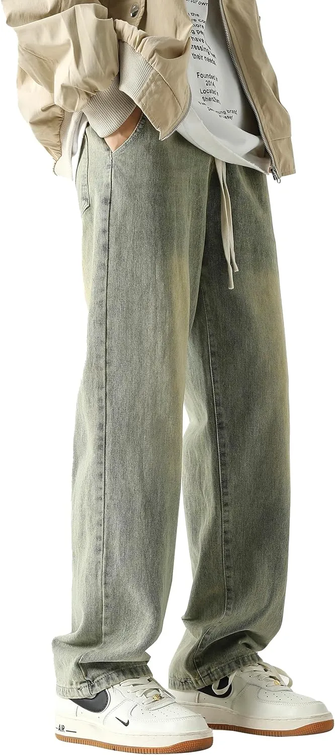 PRIJOUHE Mens Wide Leg Jeans Elastic Waist Baggy Jeans Casual Drawstring Denim Pants Trousers