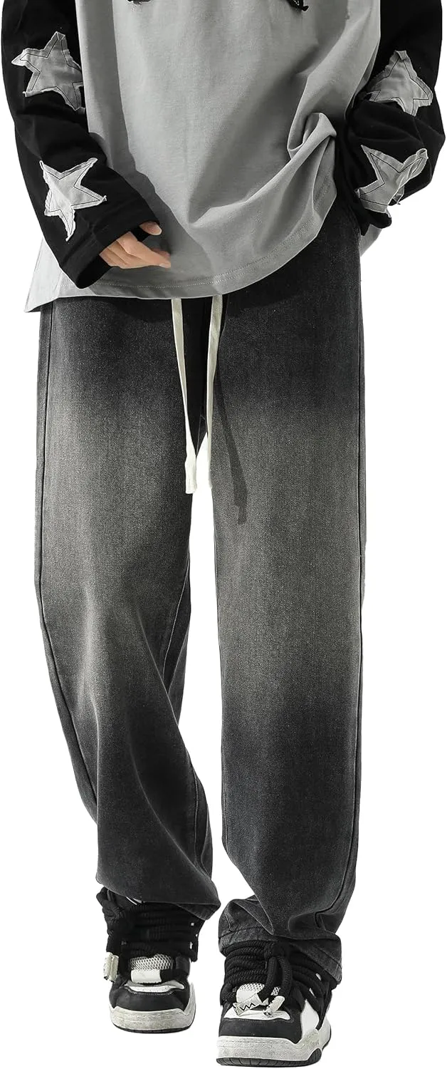 PRIJOUHE Mens Wide Leg Jeans Elastic Waist Baggy Jeans Casual Drawstring Denim Pants Trousers