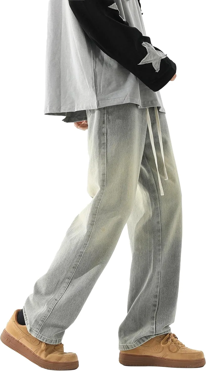 PRIJOUHE Mens Wide Leg Jeans Elastic Waist Baggy Jeans Casual Drawstring Denim Pants Trousers
