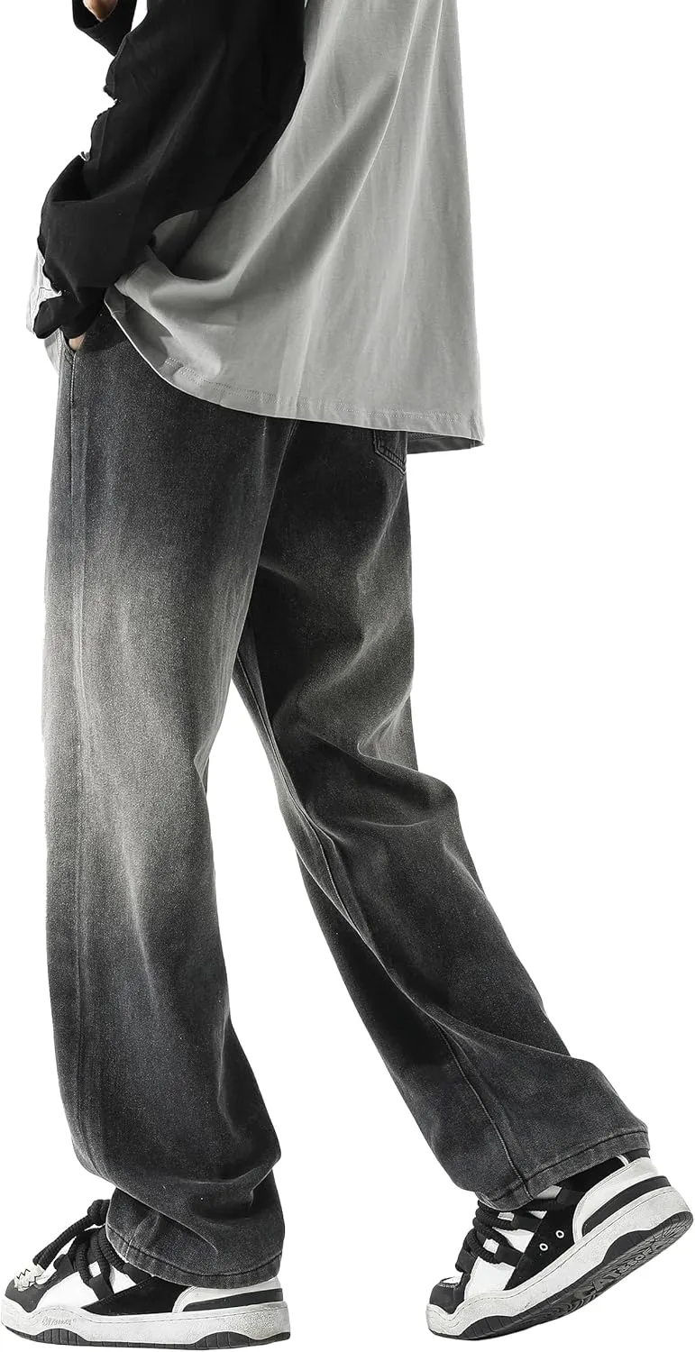 PRIJOUHE Mens Wide Leg Jeans Elastic Waist Baggy Jeans Casual Drawstring Denim Pants Trousers