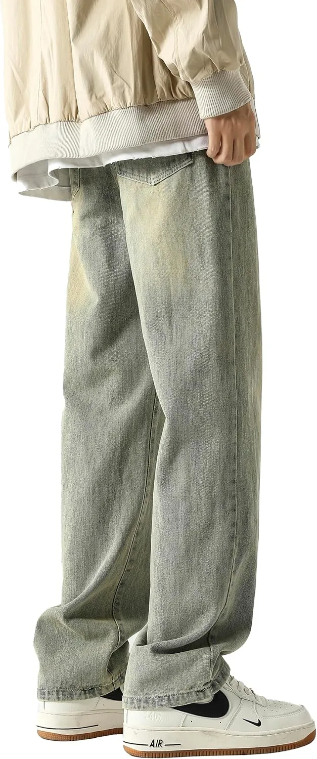 PRIJOUHE Mens Wide Leg Jeans Elastic Waist Baggy Jeans Casual Drawstring Denim Pants Trousers