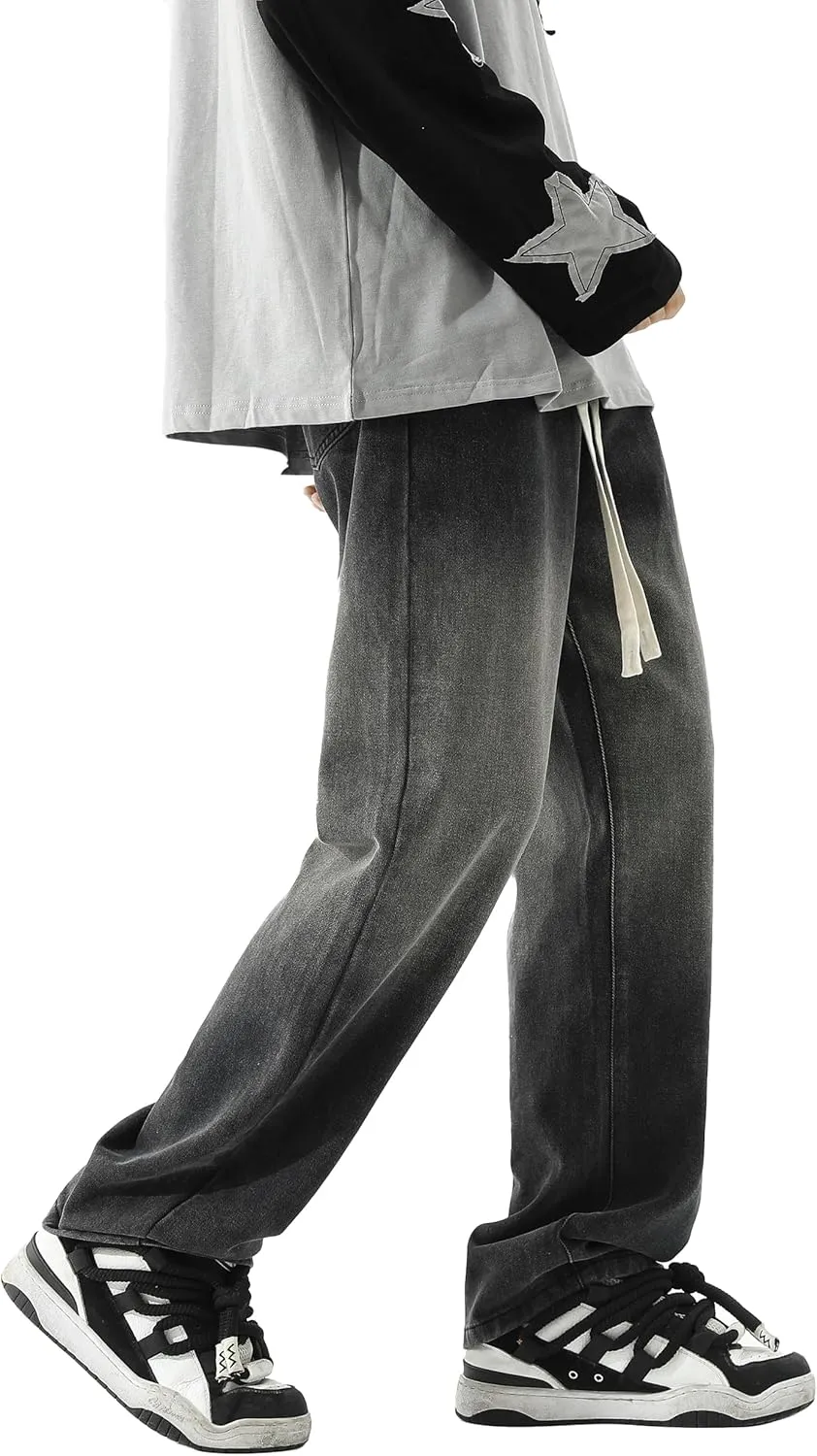 PRIJOUHE Mens Wide Leg Jeans Elastic Waist Baggy Jeans Casual Drawstring Denim Pants Trousers