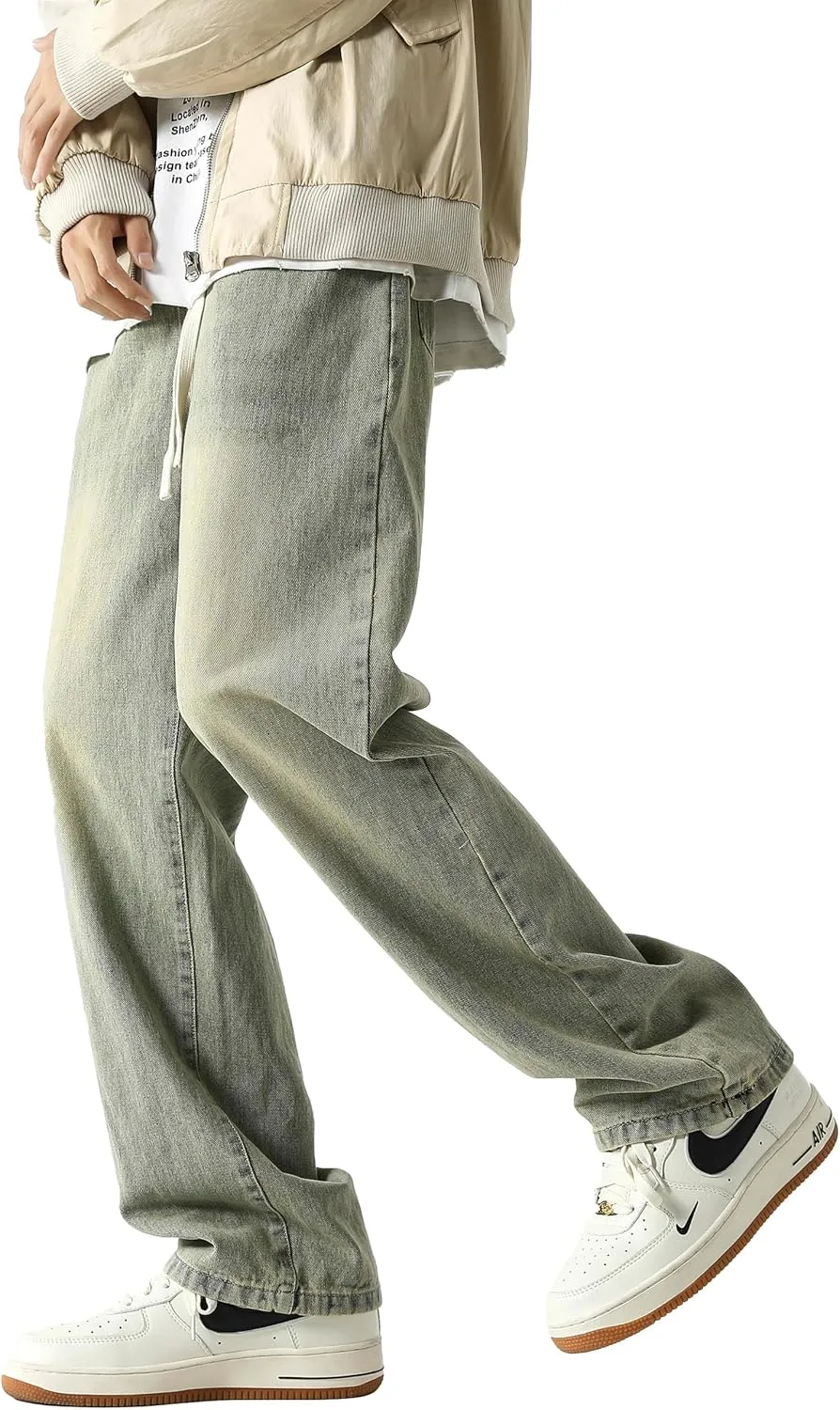 PRIJOUHE Mens Wide Leg Jeans Elastic Waist Baggy Jeans Casual Drawstring Denim Pants Trousers