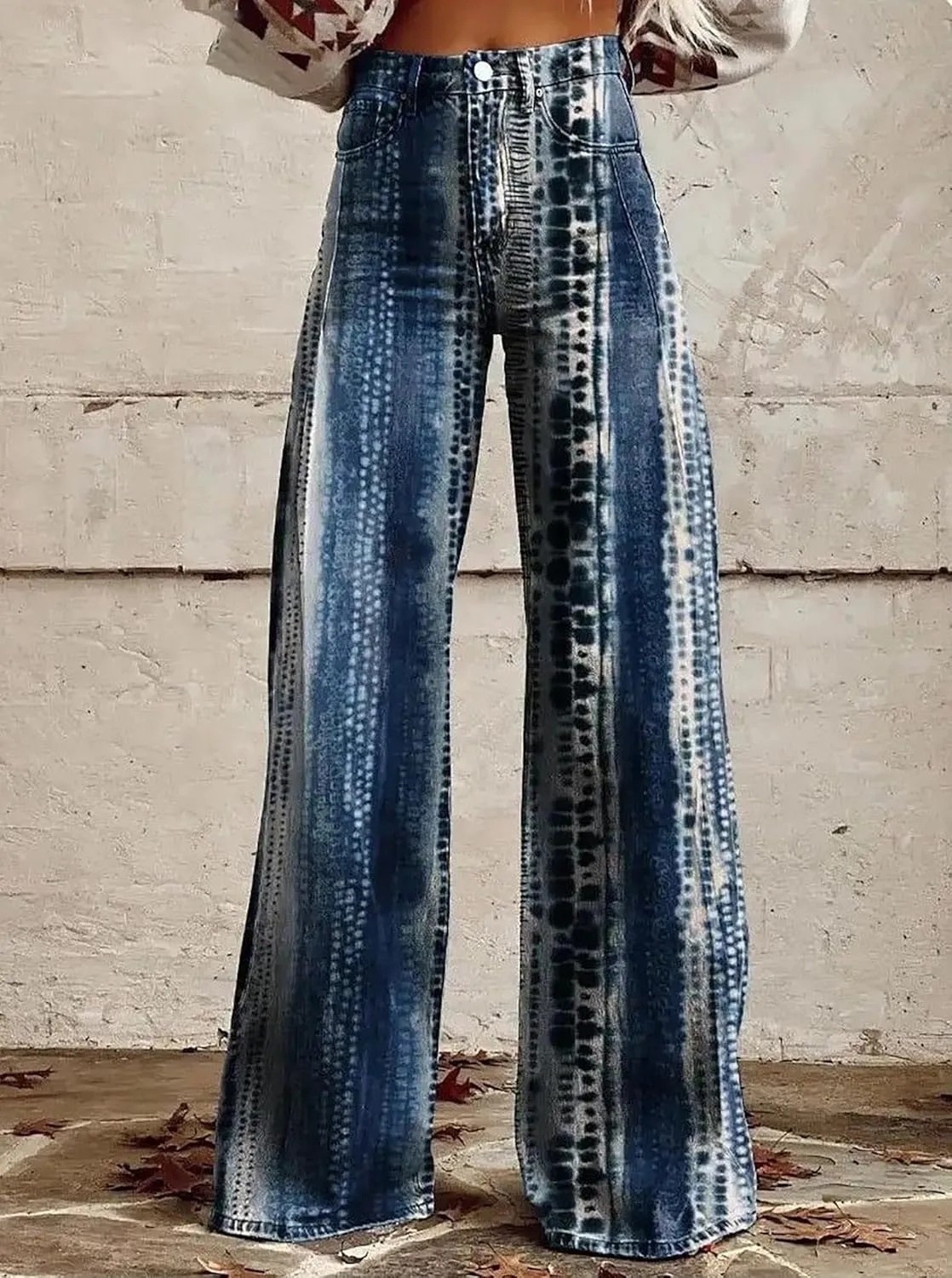 Printed Jeans for Women, Wide Leg Jeans Woman Vintage, Vintage Floral Graphic, 2025 Summer Wide Leg Dark Wash 90s Jean