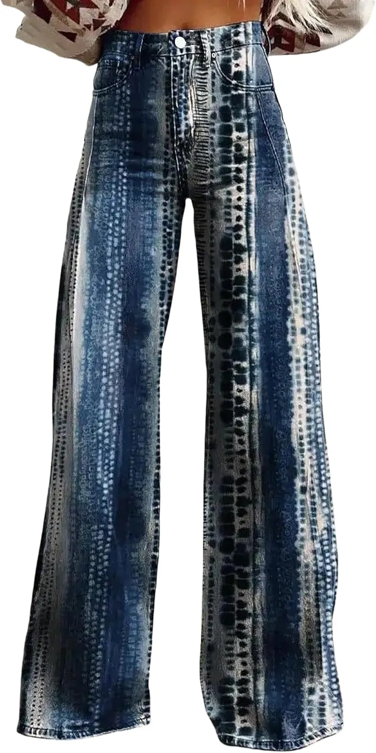 Printed Jeans for Women, Wide Leg Jeans Woman Vintage, Vintage Floral Graphic, 2025 Summer Wide Leg Dark Wash 90s Jean