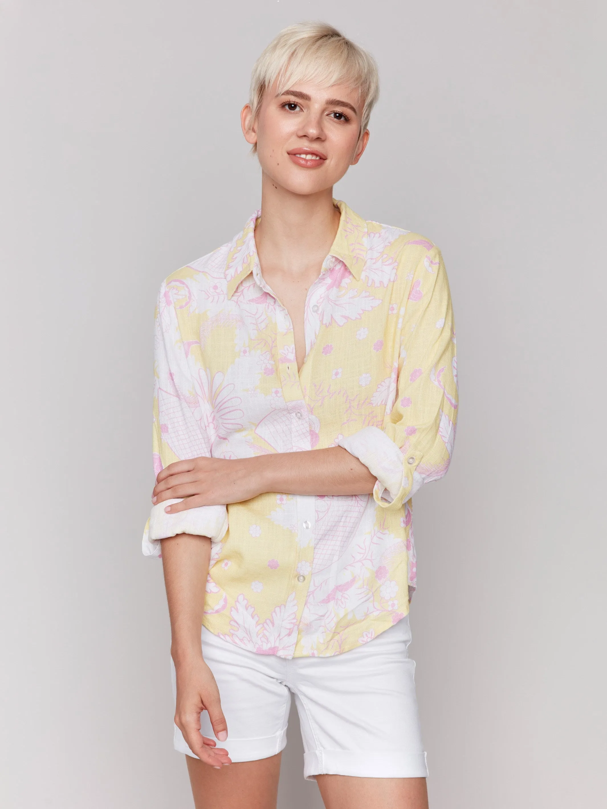 Printed Roll-Up Sleeve Shirt- Lemonade