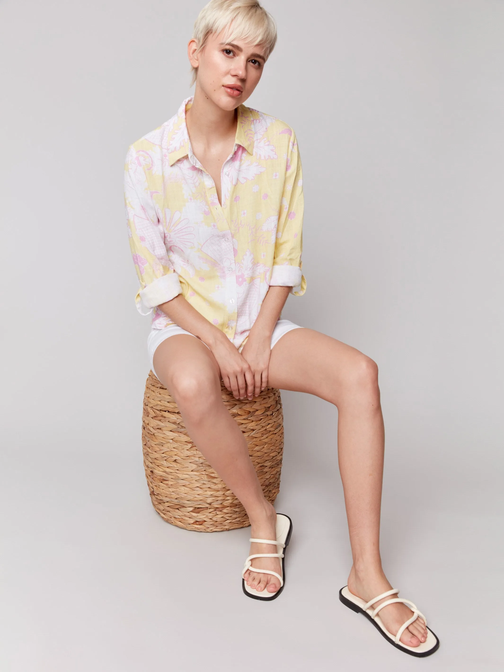 Printed Roll-Up Sleeve Shirt- Lemonade