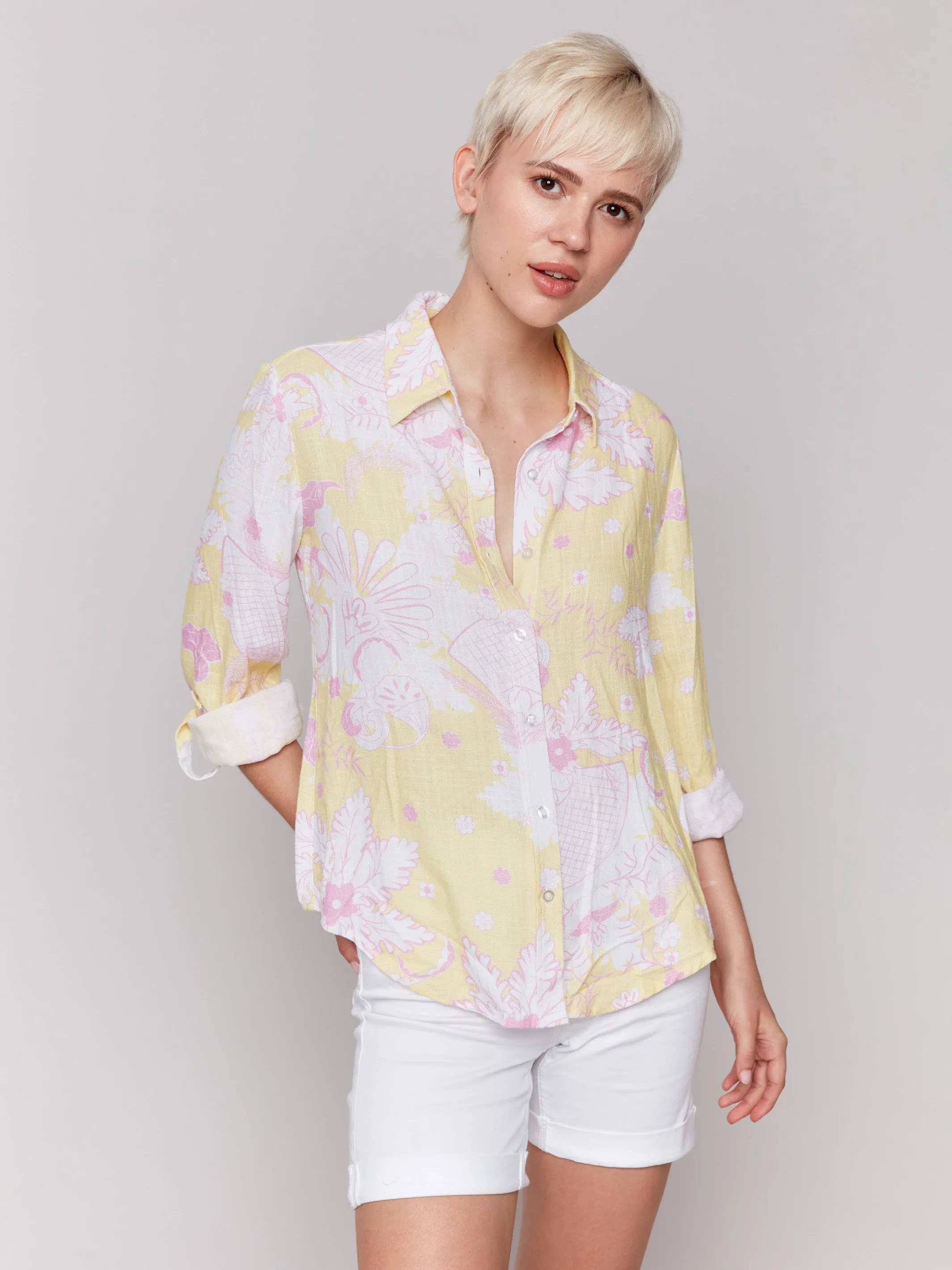 Printed Roll-Up Sleeve Shirt- Lemonade