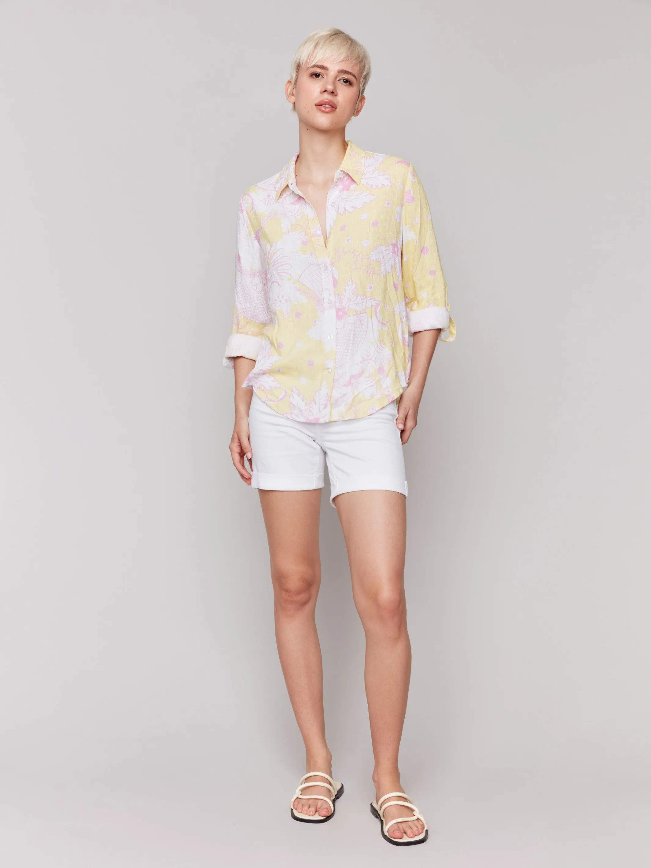 Printed Roll-Up Sleeve Shirt- Lemonade