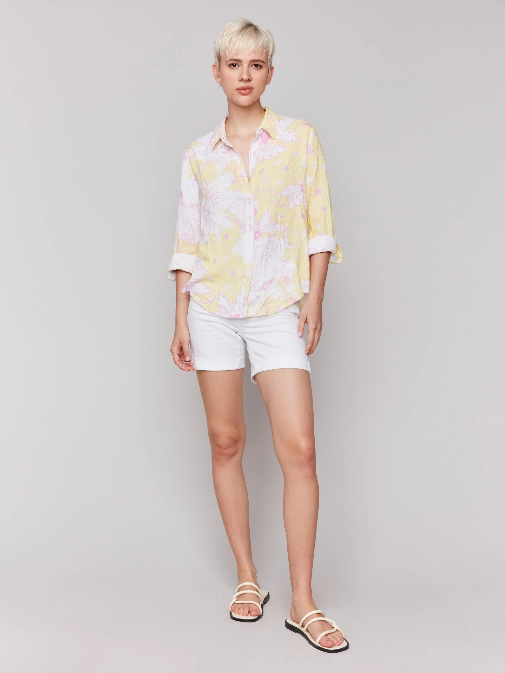 Printed Roll-Up Sleeve Shirt- Lemonade