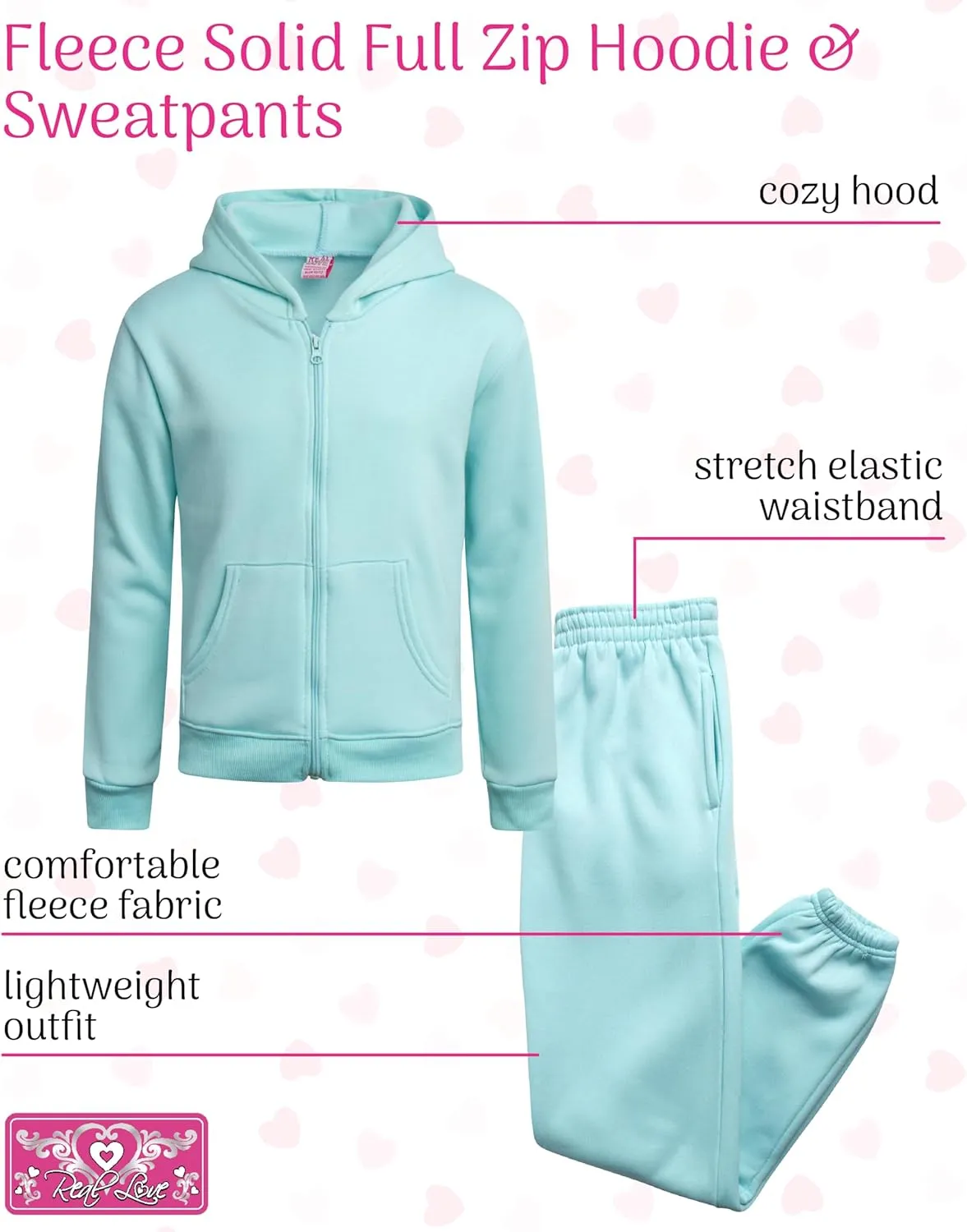 Real Love Girls' Jogger Set - 2 Piece Basic Fleece Solid Full Zip Hoodie and Sweatpants (Size: 7-16)