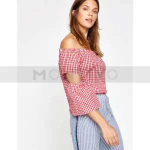 Red Off-Shoulder Check Top