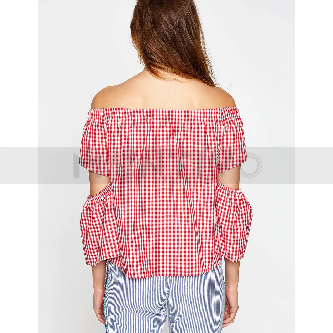 Red Off-Shoulder Check Top