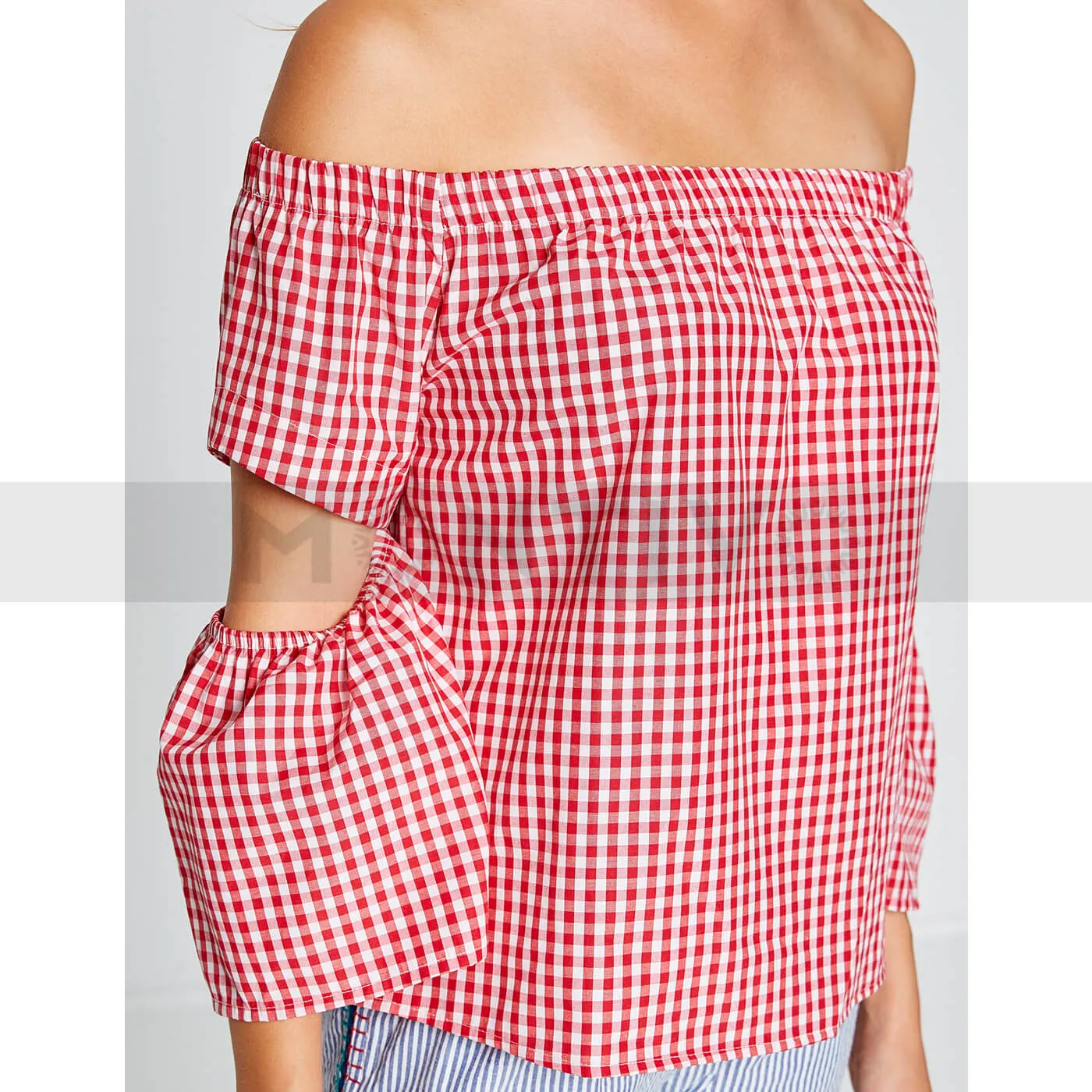 Red Off-Shoulder Check Top