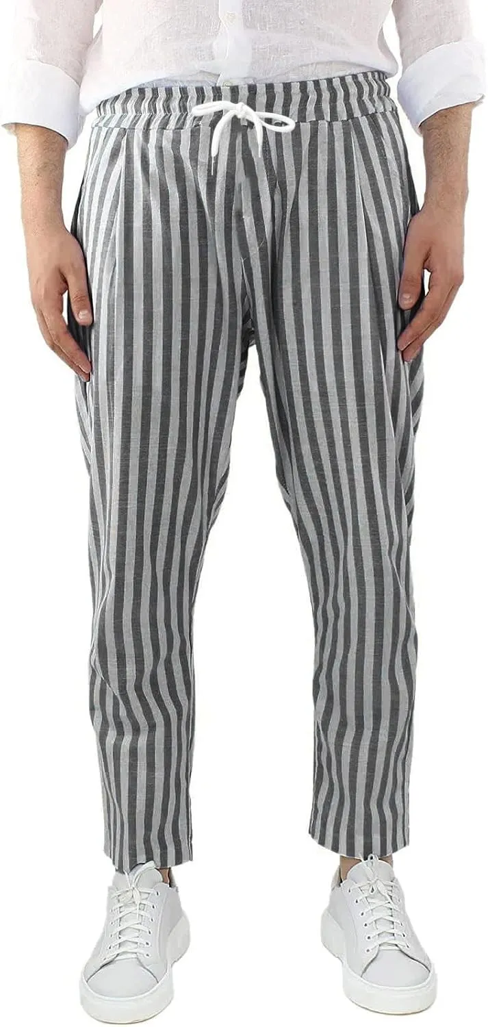 Rela Bota Mens Fashion Cotton Linen Pants Casual Striped Chino Dress Slim Fit Drawstring Slack Straight Trousers