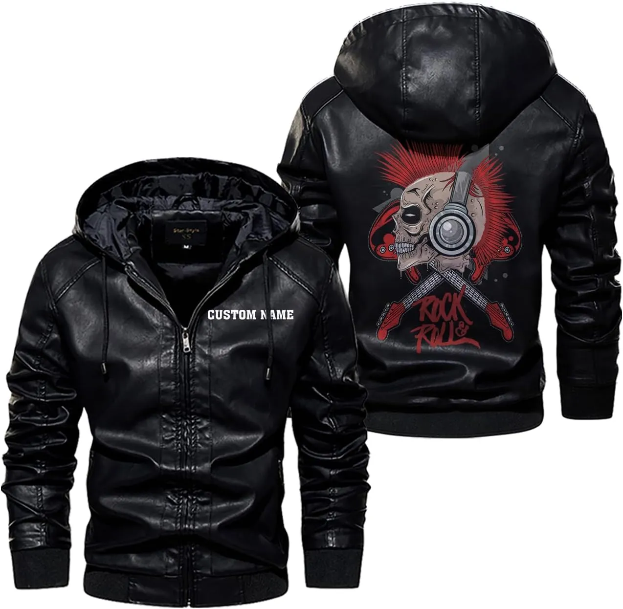 Rock & Roll, Skull Music Punk Headphone Mohawk Hair Personalized Mens PU Leather Vest Coat Custom Jacket