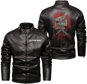 Rock & Roll, Skull Music Punk Headphone Mohawk Hair Personalized Mens PU Leather Vest Coat Custom Jacket
