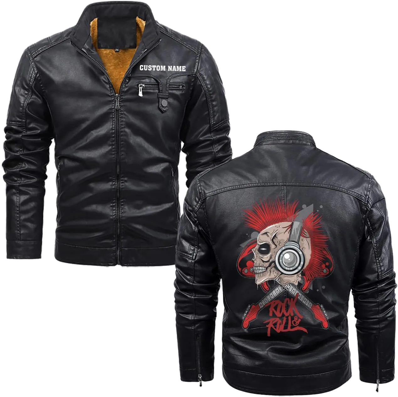 Rock & Roll, Skull Music Punk Headphone Mohawk Hair Personalized Mens PU Leather Vest Coat Custom Jacket
