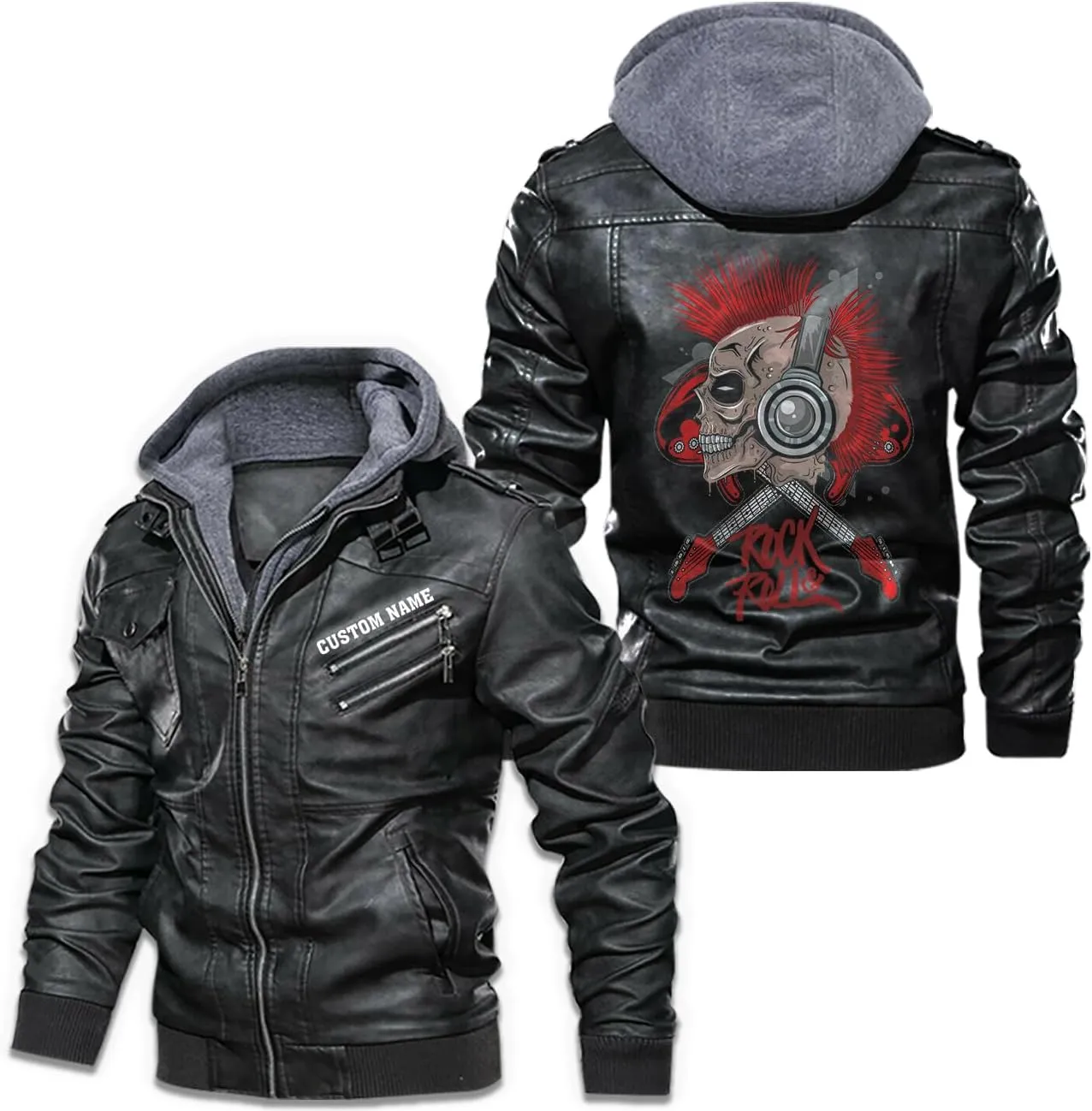 Rock & Roll, Skull Music Punk Headphone Mohawk Hair Personalized Mens PU Leather Vest Coat Custom Jacket