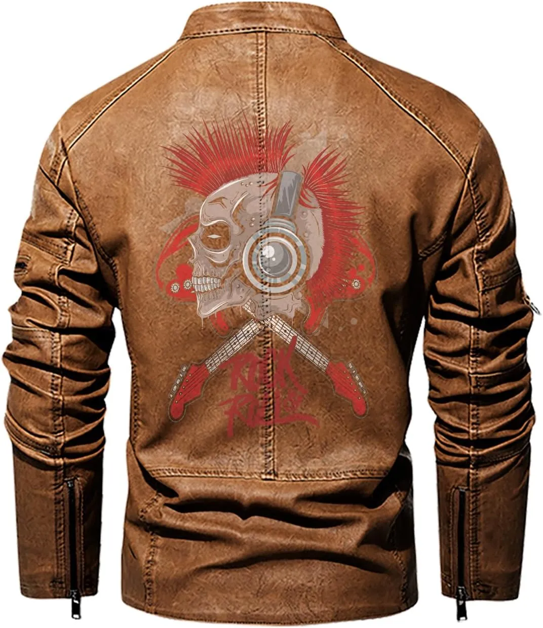 Rock & Roll, Skull Music Punk Headphone Mohawk Hair Personalized Mens PU Leather Vest Coat Custom Jacket