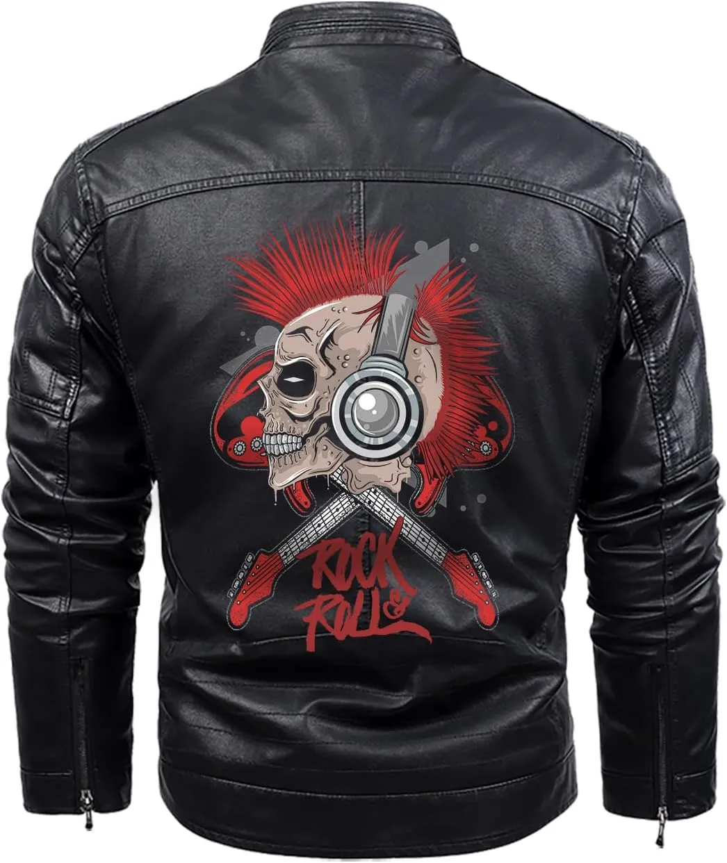 Rock & Roll, Skull Music Punk Headphone Mohawk Hair Personalized Mens PU Leather Vest Coat Custom Jacket