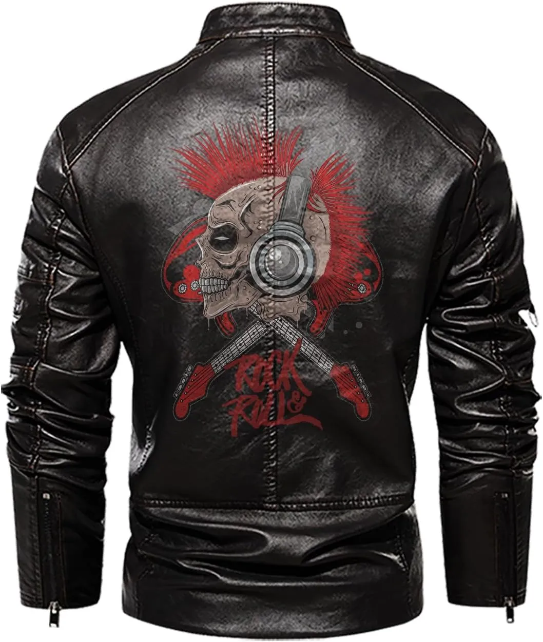 Rock & Roll, Skull Music Punk Headphone Mohawk Hair Personalized Mens PU Leather Vest Coat Custom Jacket