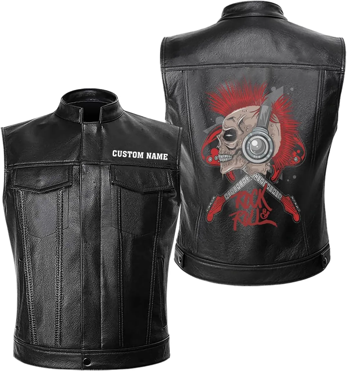Rock & Roll, Skull Music Punk Headphone Mohawk Hair Personalized Mens PU Leather Vest Coat Custom Jacket