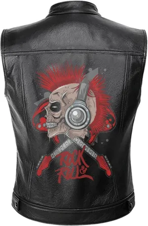 Rock & Roll, Skull Music Punk Headphone Mohawk Hair Personalized Mens PU Leather Vest Coat Custom Jacket