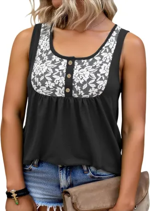 ROSRISS Plus Size Tank Tops for Women Summer Lace Buttons Tunics Cute Pleated Crewneck Blouses Loose Fit Curved Hem T-Shirts