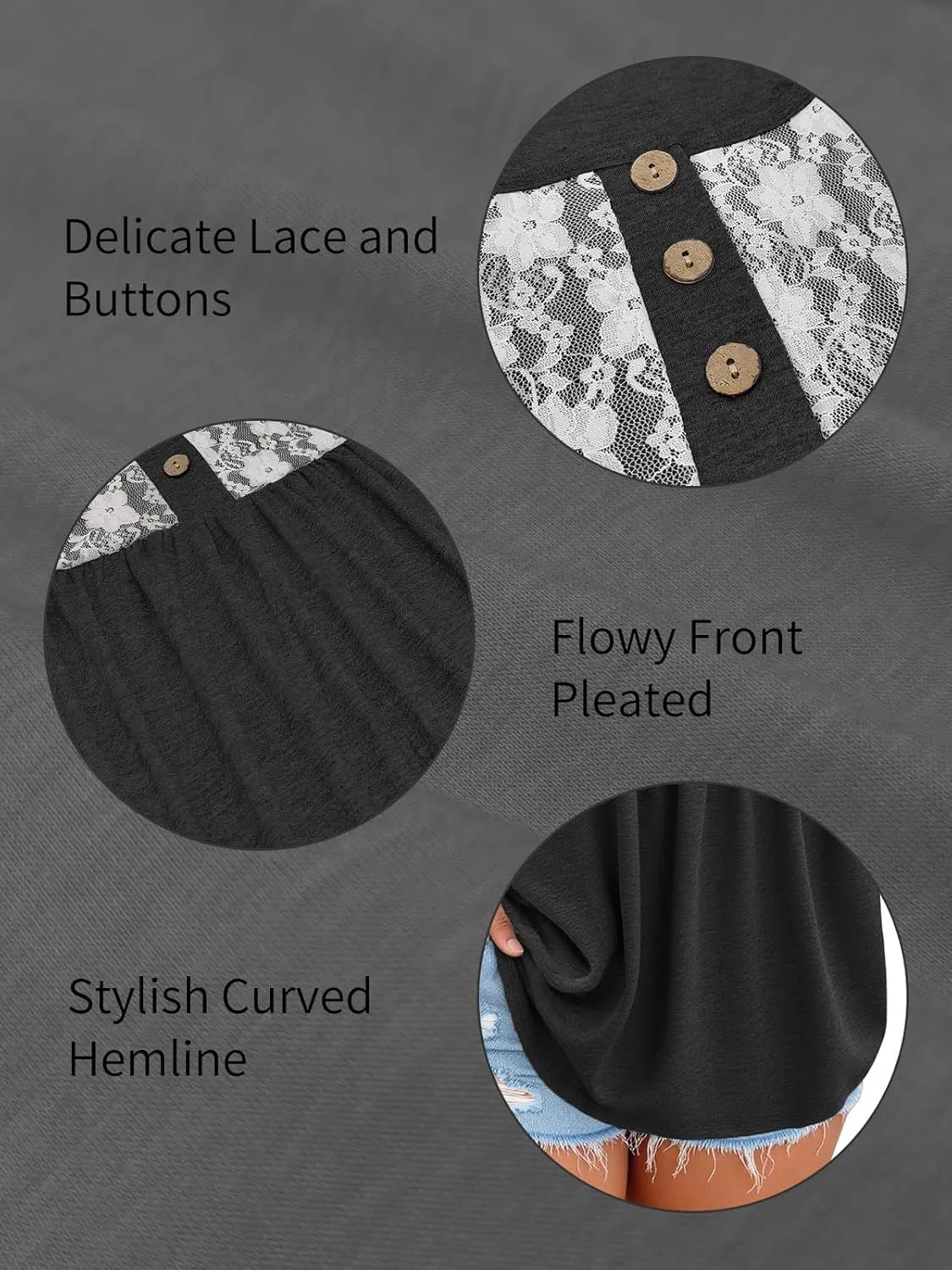 ROSRISS Plus Size Tank Tops for Women Summer Lace Buttons Tunics Cute Pleated Crewneck Blouses Loose Fit Curved Hem T-Shirts