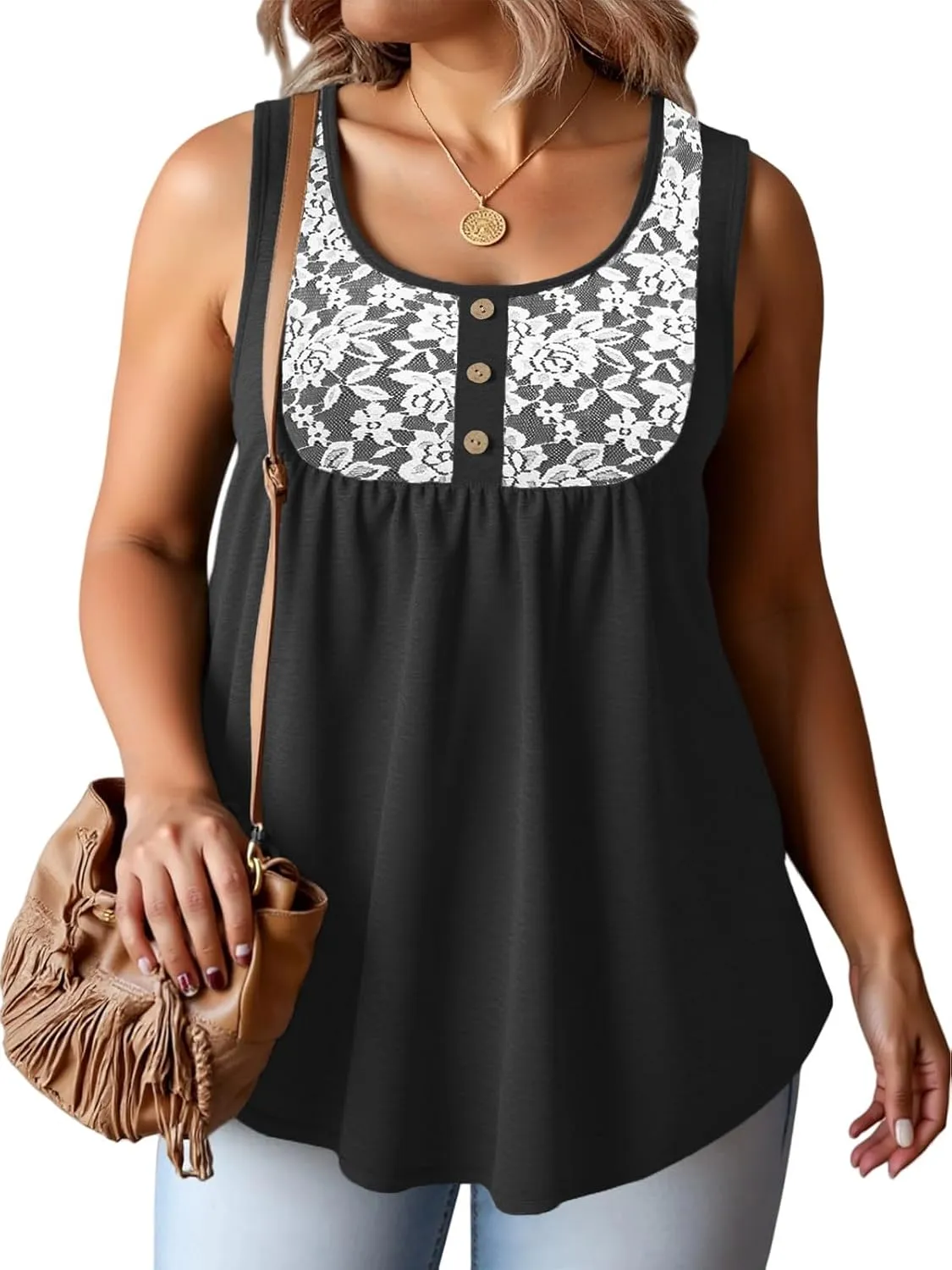 ROSRISS Plus Size Tank Tops for Women Summer Lace Buttons Tunics Cute Pleated Crewneck Blouses Loose Fit Curved Hem T-Shirts