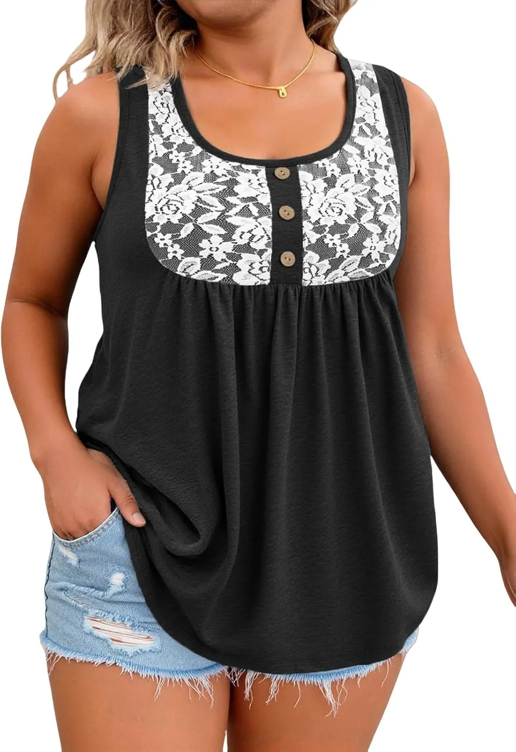 ROSRISS Plus Size Tank Tops for Women Summer Lace Buttons Tunics Cute Pleated Crewneck Blouses Loose Fit Curved Hem T-Shirts