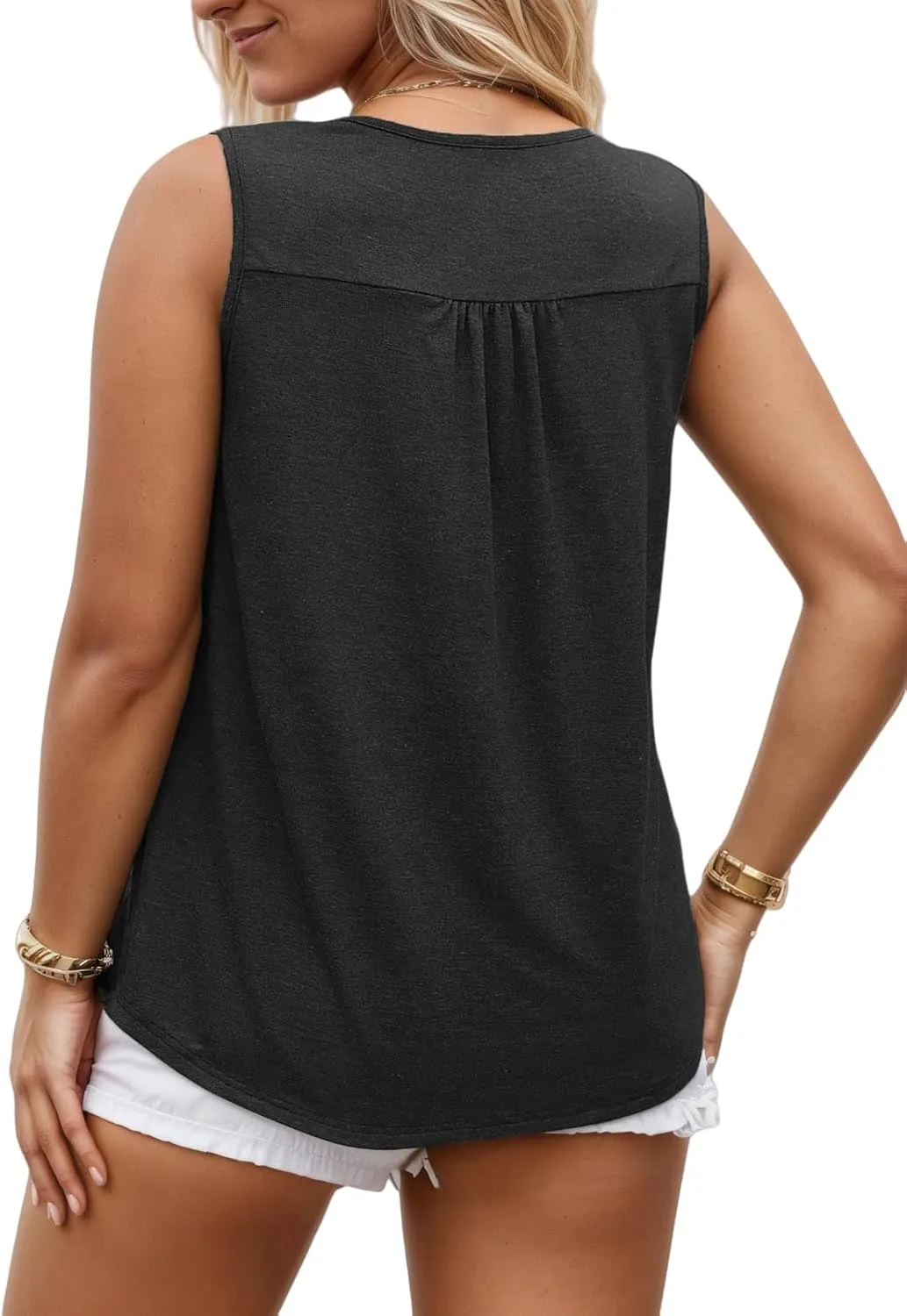 ROSRISS Plus Size Tank Tops for Women Summer Lace Buttons Tunics Cute Pleated Crewneck Blouses Loose Fit Curved Hem T-Shirts