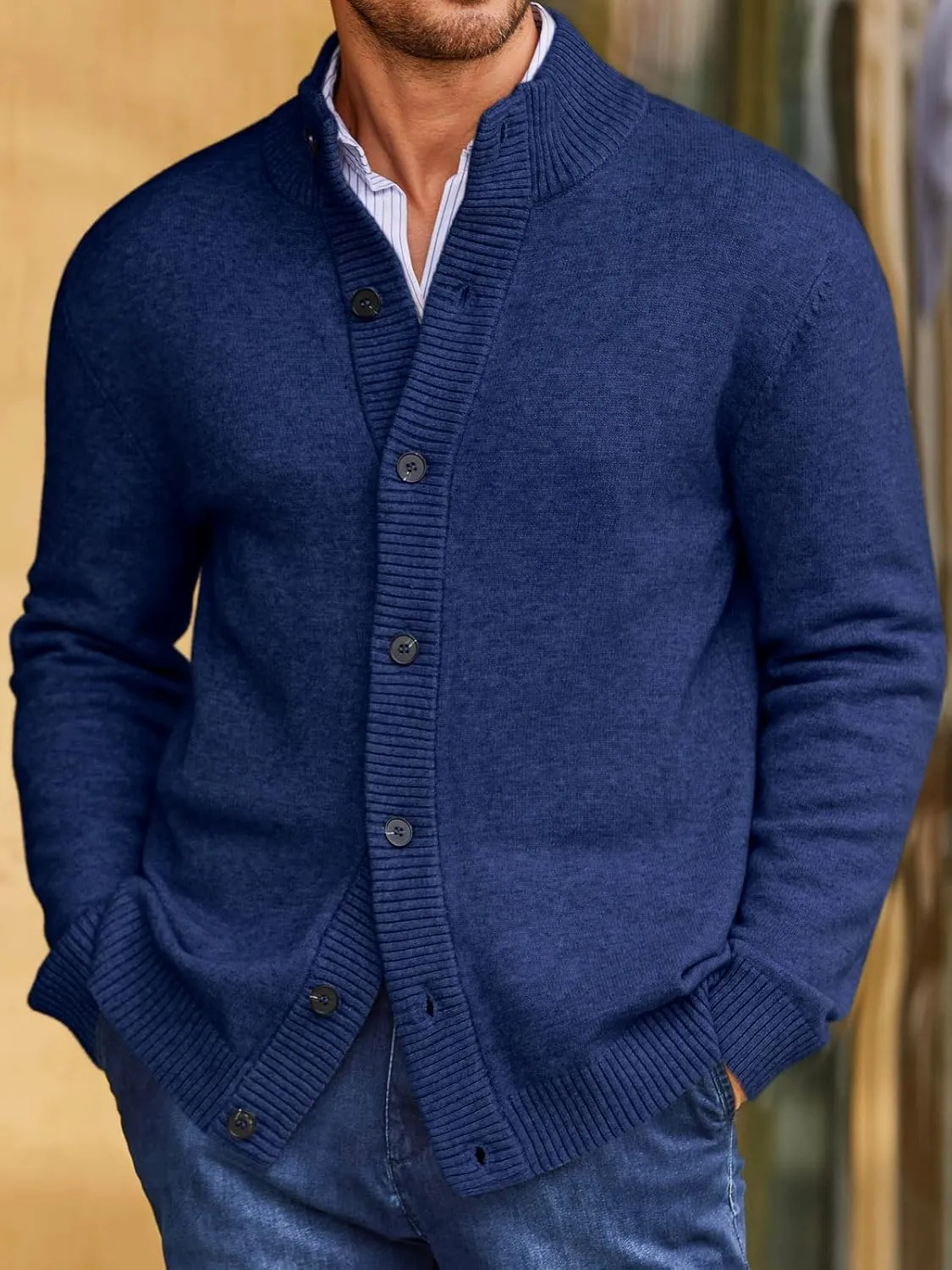 Runcati Mens Cardigan Sweater Stand Collar Casual Button Down Open Front Ribbed Winter Sweaters