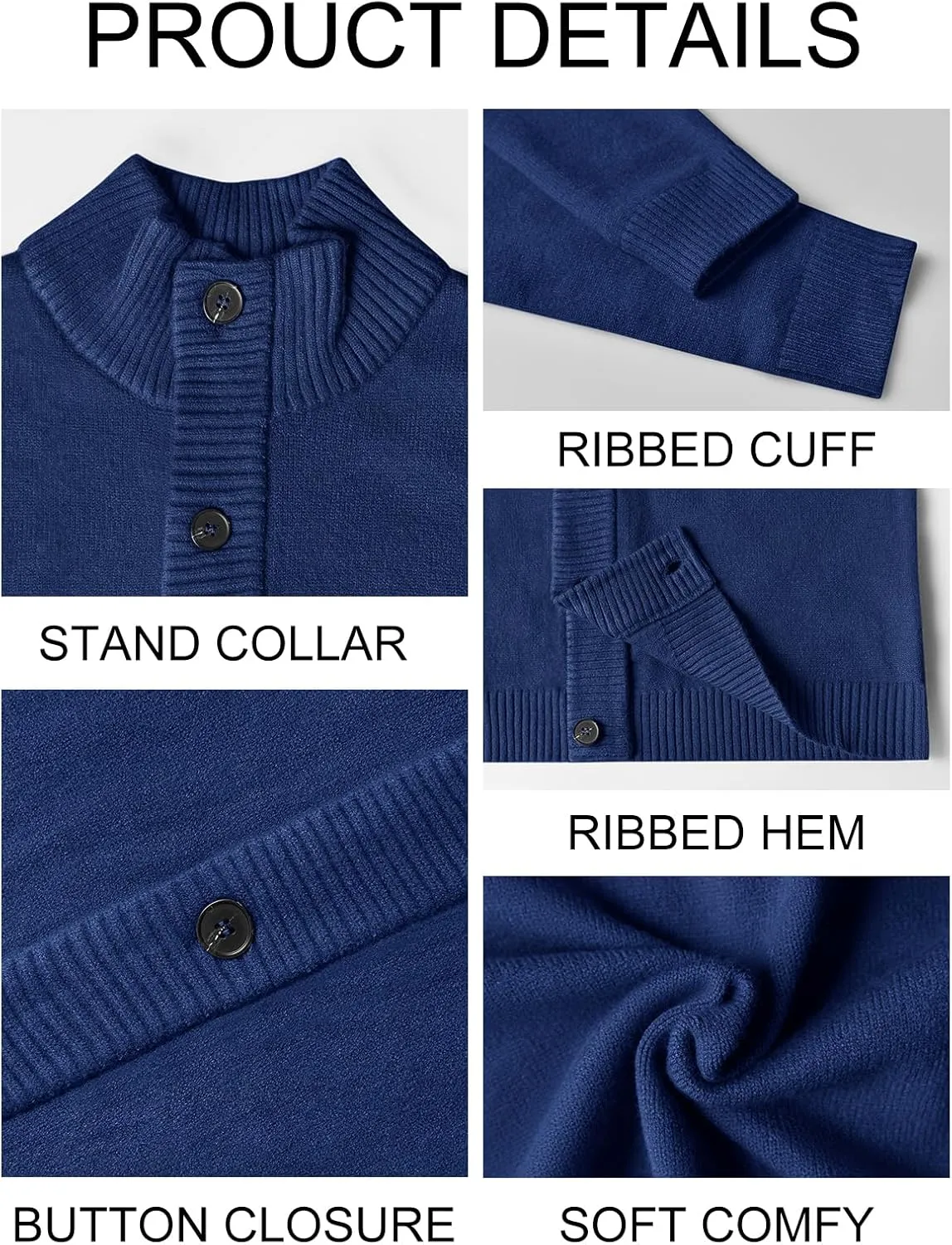 Runcati Mens Cardigan Sweater Stand Collar Casual Button Down Open Front Ribbed Winter Sweaters